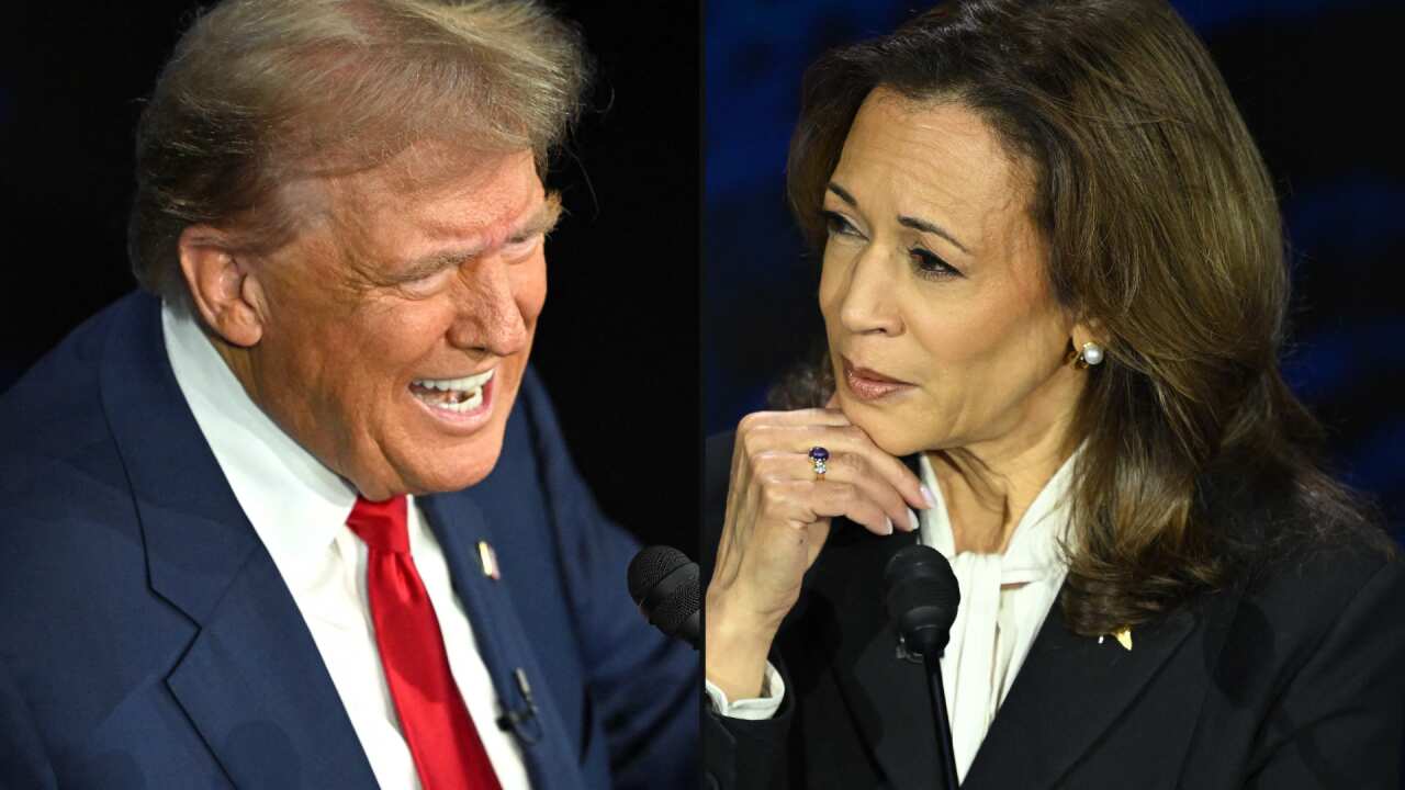 A split image. On the left is Donald Trump speaking. On the right is Kamala Harris speaking.